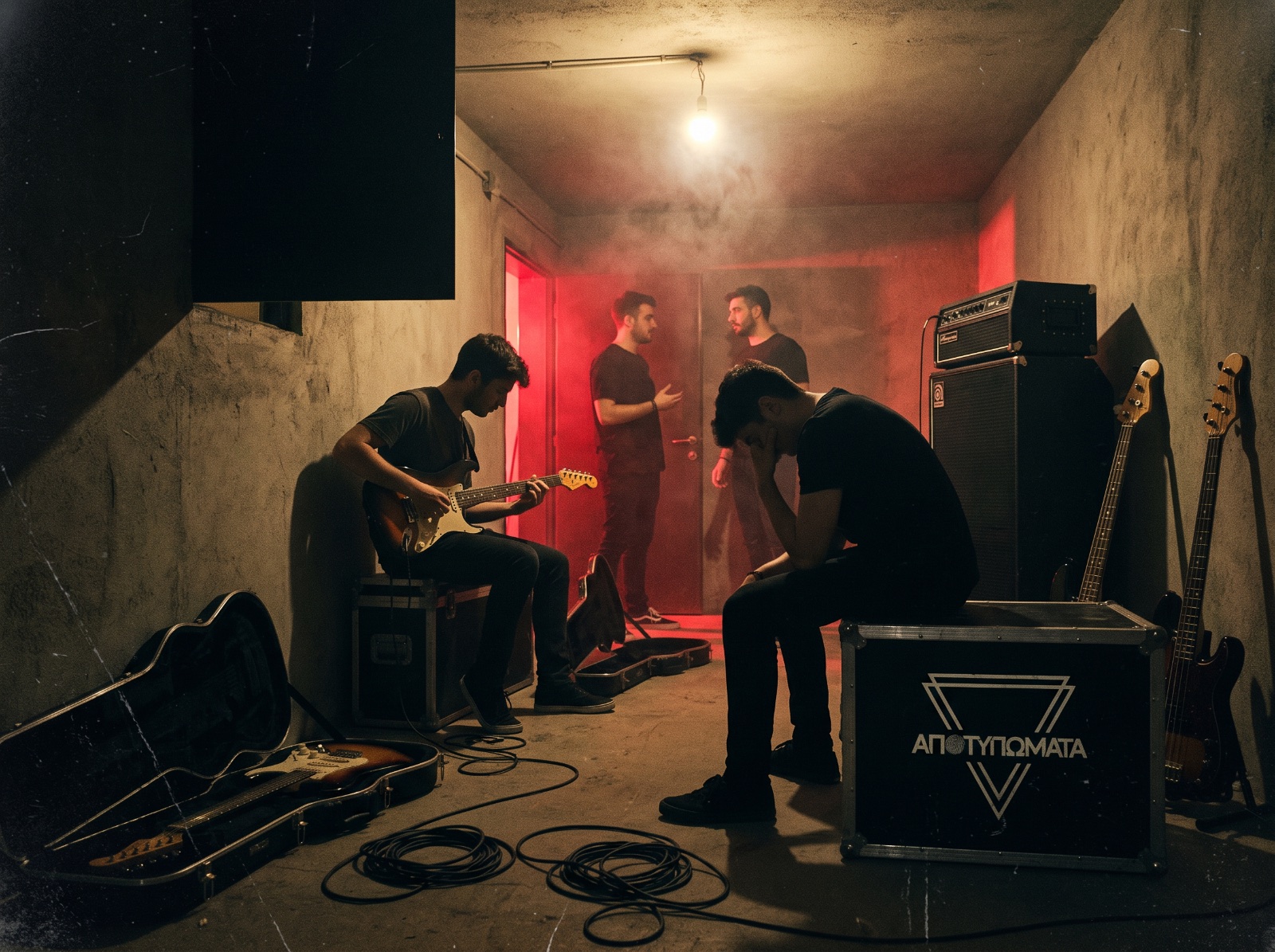 The four members of Apotypomata backstage before a show: one tuning a guitar under a bare bulb, another sitting head-down on a flight case stencilled with the band emblem, two talking in red-lit haze by the door